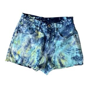 VTG Grass Rags High Rise Denim Shorts Blue Green Tie Dye w/Fringe 90s Sz ? Jeans
